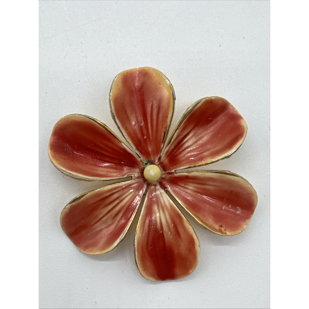 Modernist Signed Sandor Enamel Flower Pin‎ Brooch Gold Tone Vintage 60s